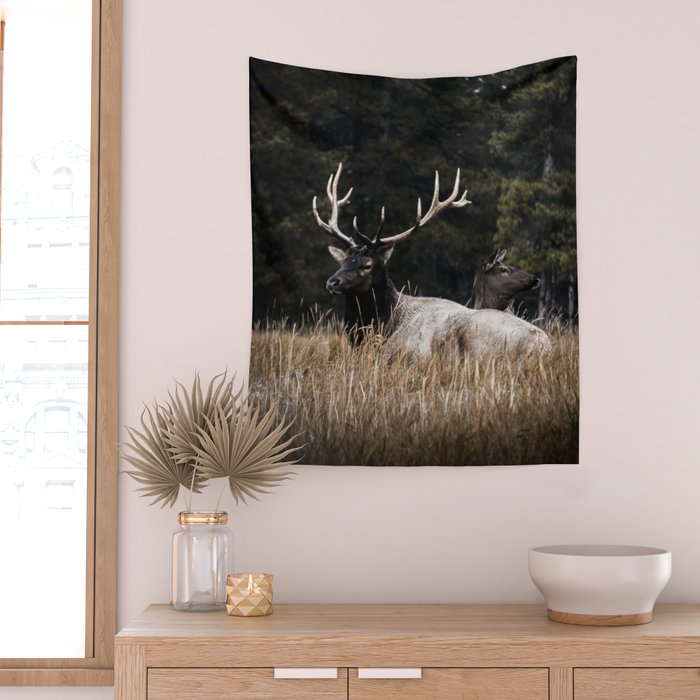Two Elk in the Canadian Rocky Mountains Wall Tapestry Gallery Image 2