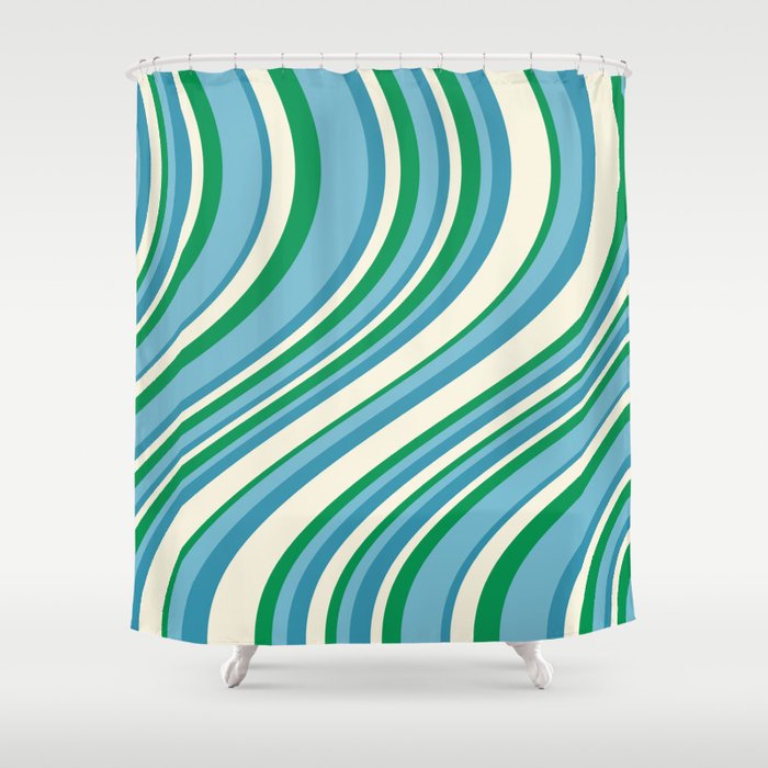Wavy Stripes XXVII - Beachy Blue and Green Shower Curtain Gallery Image 1