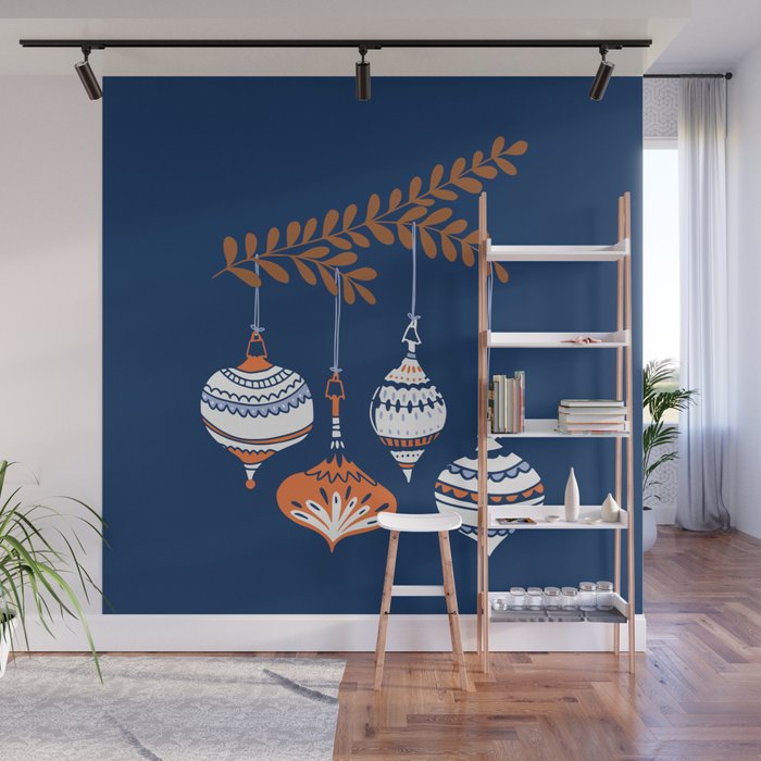 Cheerful little Christmas baubles blue Wall Mural Gallery Image 1