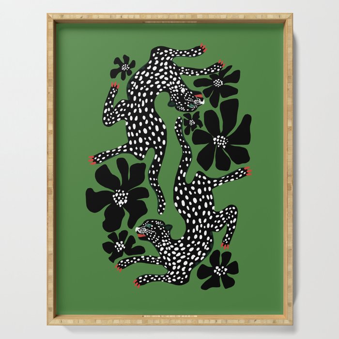Leopards pattern art print on green background Serving Tray Gallery Image 1