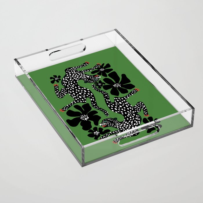 Leopards pattern art print on green background Acrylic Tray Gallery Image 1