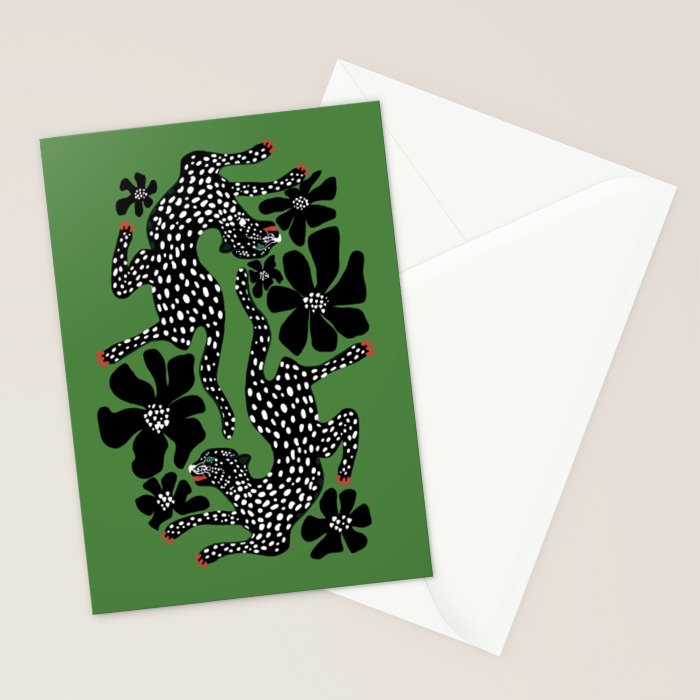 Leopards pattern art print on green background Stationery Card Gallery Image 2