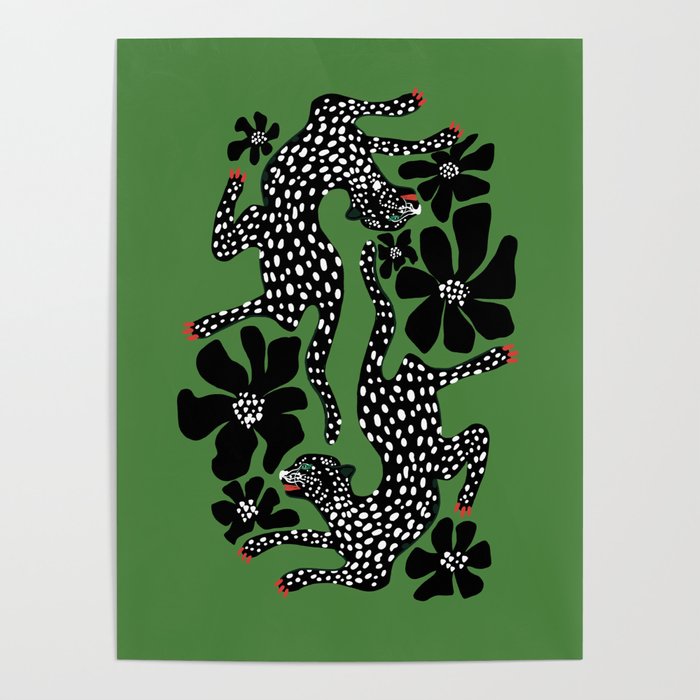 Leopards pattern art print on green background Poster Gallery Image 4