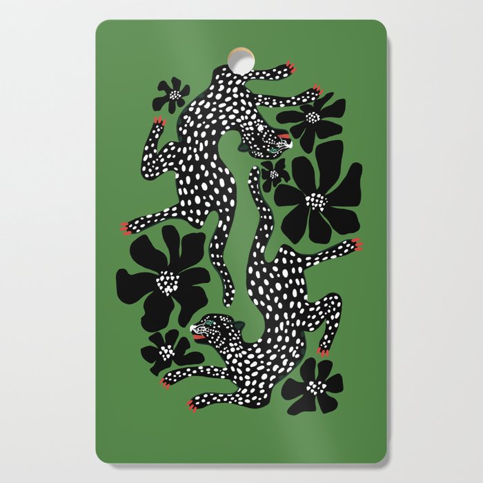 Leopards pattern art print on green background Cutting Board Gallery Image 1