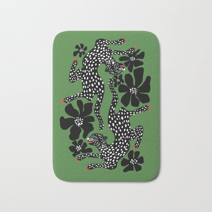 Leopards pattern art print on green background Bath Mat Gallery Image 1