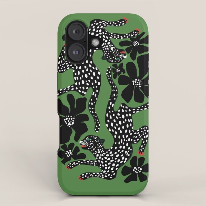 Leopards pattern art print on green background iPhone Case Gallery Image 1