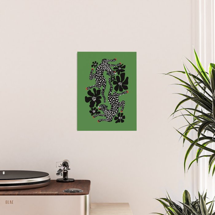 Leopards pattern art print on green background Poster Gallery Image 2
