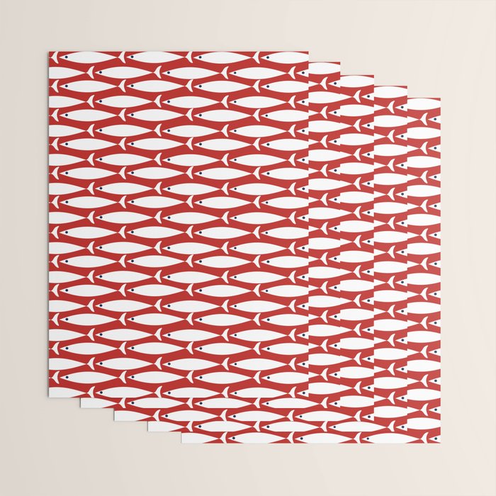 Mid Century Modern Fish Pattern in Red, White, and Nautical Navy Blue Wrapping Paper Gallery Image 3