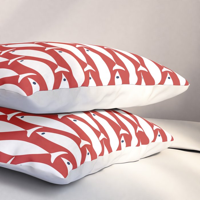 Mid Century Modern Fish Pattern in Red, White, and Nautical Navy Blue Pillow Sham Gallery Image 3