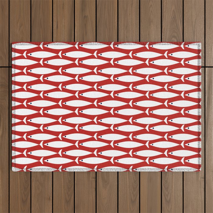 Mid Century Modern Fish Pattern in Red, White, and Nautical Navy Blue Outdoor Rug Gallery Image 1