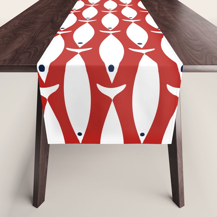 Mid Century Modern Fish Pattern in Red, White, and Nautical Navy Blue Table Runner Gallery Image 1