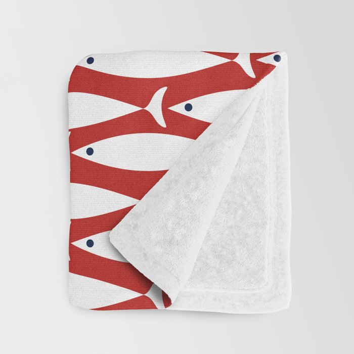 Mid Century Modern Fish Pattern in Red, White, and Nautical Navy Blue Throw Blanket Gallery Image 3
