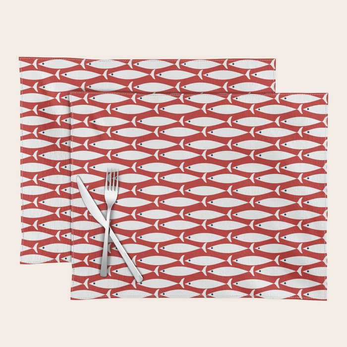 Mid Century Modern Fish Pattern in Red, White, and Nautical Navy Blue Placemat Gallery Image 1