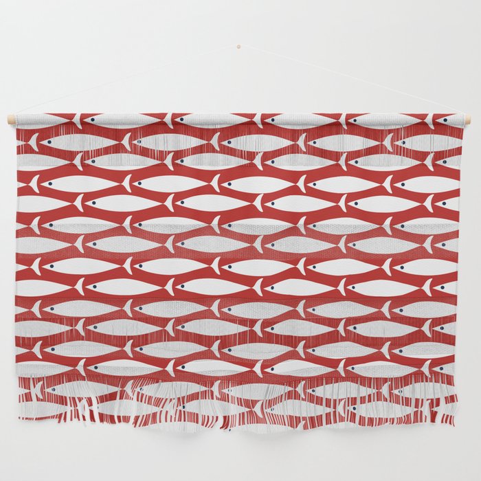 Mid Century Modern Fish Pattern in Red, White, and Nautical Navy Blue Wall Hanging Gallery Image 1