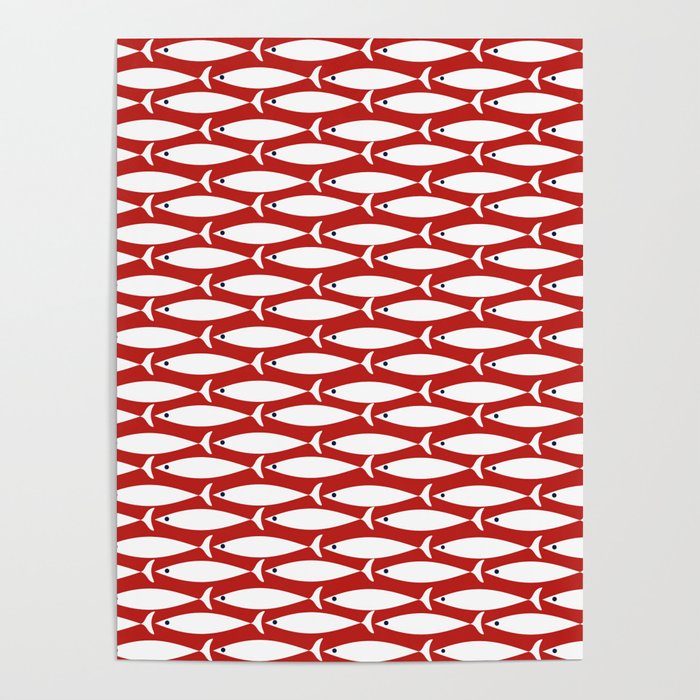Mid Century Modern Fish Pattern in Red, White, and Nautical Navy Blue Poster Gallery Image 4