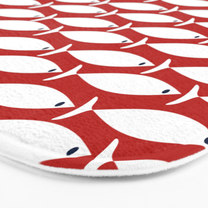 Mid Century Modern Fish Pattern in Red, White, and Nautical Navy Blue Bath Mat Gallery Image 3
