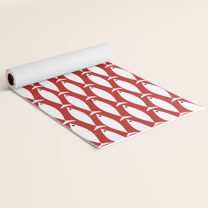 Mid Century Modern Fish Pattern in Red, White, and Nautical Navy Blue Yoga Mat Gallery Image 2