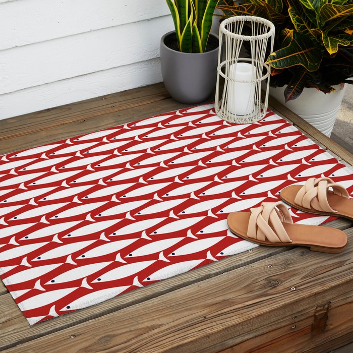 Mid Century Modern Fish Pattern in Red, White, and Nautical Navy Blue Outdoor Rug Gallery Image 2