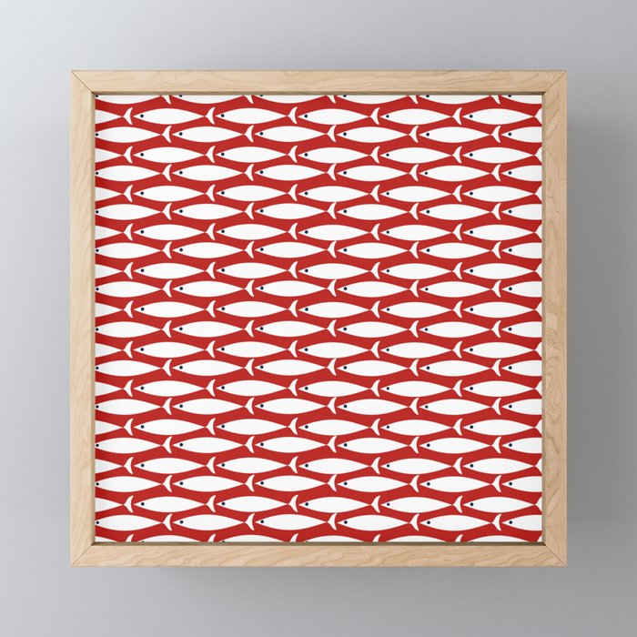 Mid Century Modern Fish Pattern in Red, White, and Nautical Navy Blue Mini Art Print Gallery Image 1