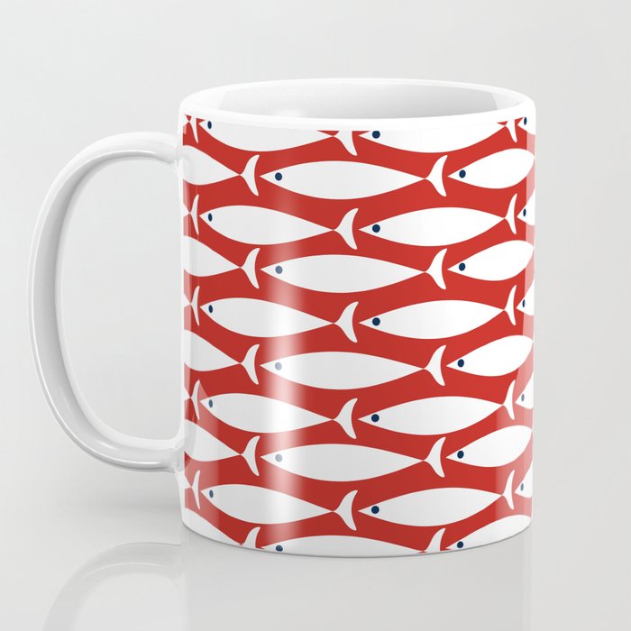 Mid Century Modern Fish Pattern in Red, White, and Nautical Navy Blue Coffee Mug Gallery Image 3