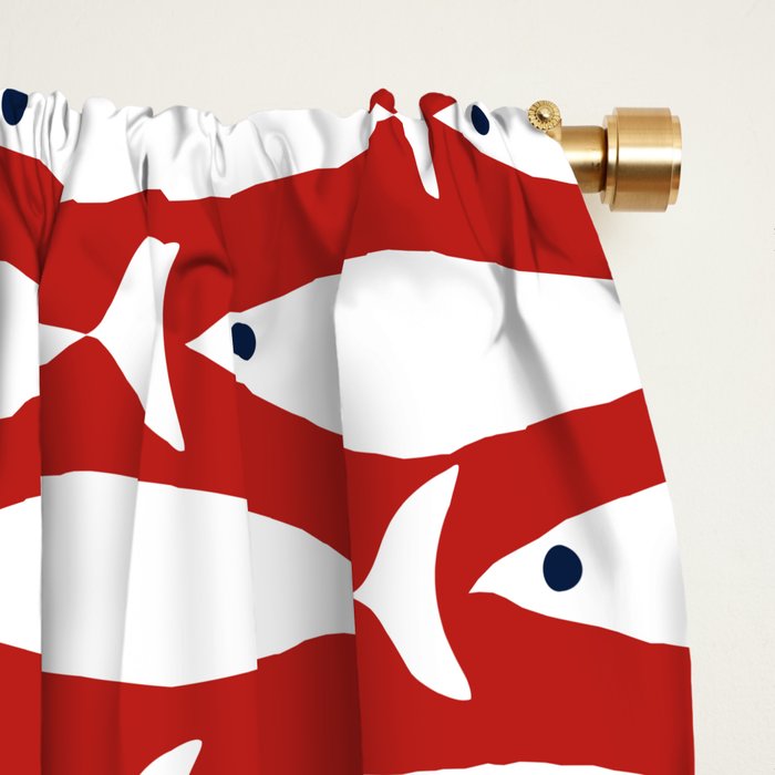 Mid Century Modern Fish Pattern in Red, White, and Nautical Navy Blue Window Curtain Gallery Image 2