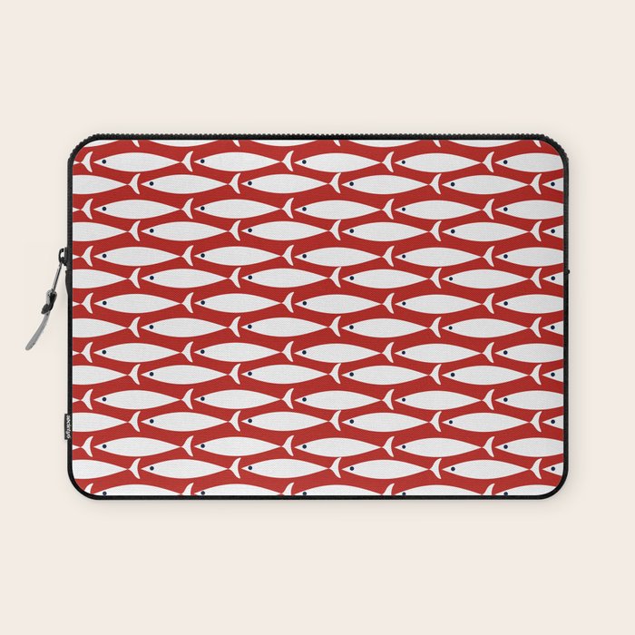 Mid Century Modern Fish Pattern in Red, White, and Nautical Navy Blue Laptop Sleeve Gallery Image 1