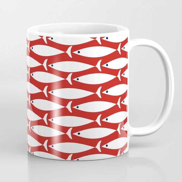 Mid Century Modern Fish Pattern in Red, White, and Nautical Navy Blue Coffee Mug Gallery Image 1