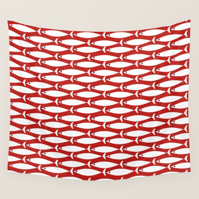 Mid Century Modern Fish Pattern in Red, White, and Nautical Navy Blue Wall Tapestry Gallery Image 1