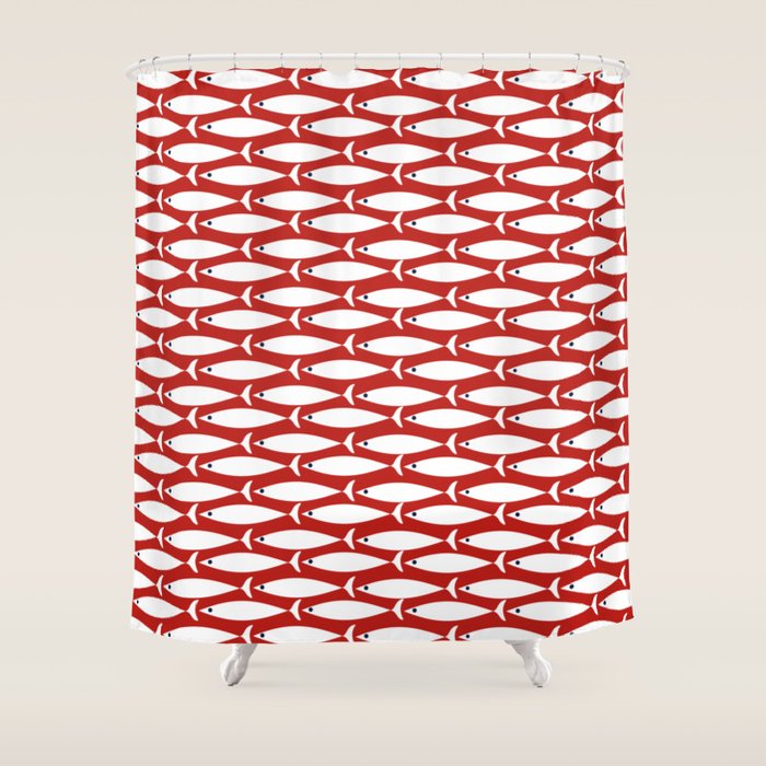 Mid Century Modern Fish Pattern in Red, White, and Nautical Navy Blue Shower Curtain Gallery Image 1