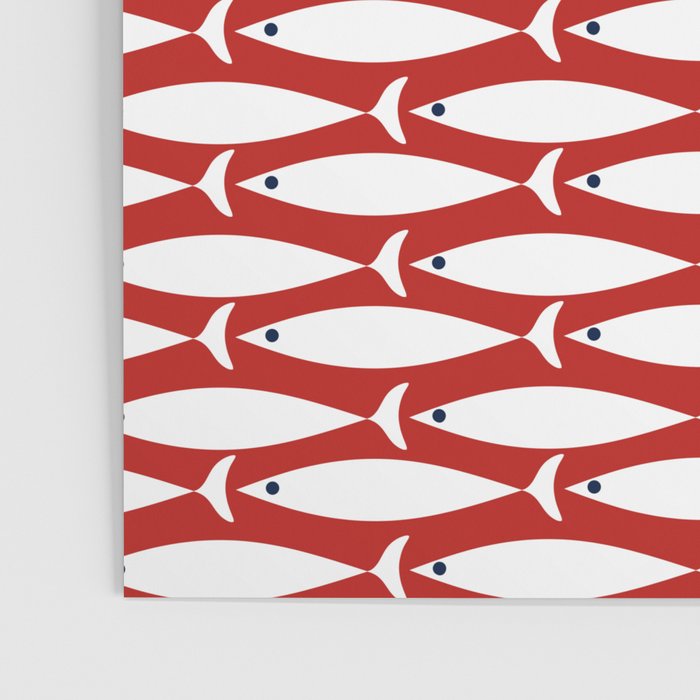 Mid Century Modern Fish Pattern in Red, White, and Nautical Navy Blue Poster Gallery Image 3