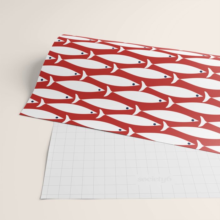 Mid Century Modern Fish Pattern in Red, White, and Nautical Navy Blue Wrapping Paper Gallery Image 2