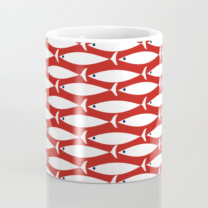 Mid Century Modern Fish Pattern in Red, White, and Nautical Navy Blue Coffee Mug Gallery Image 4