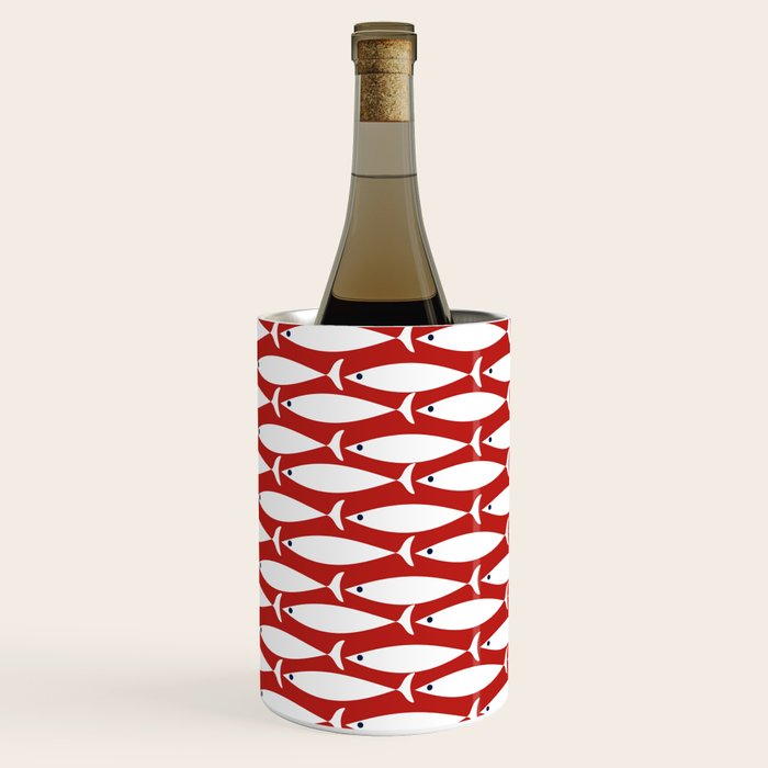 Mid Century Modern Fish Pattern in Red, White, and Nautical Navy Blue Wine Chiller Gallery Image 1