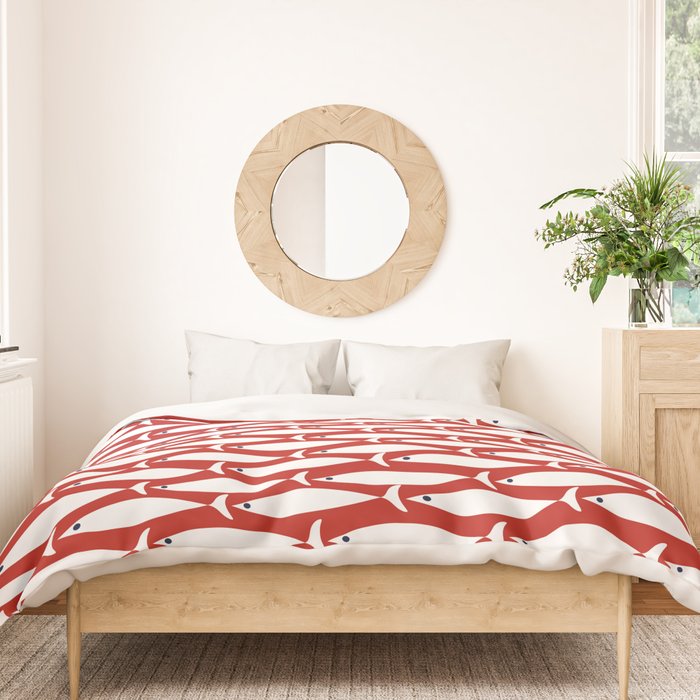 Mid Century Modern Fish Pattern in Red, White, and Nautical Navy Blue Duvet Cover Gallery Image 3