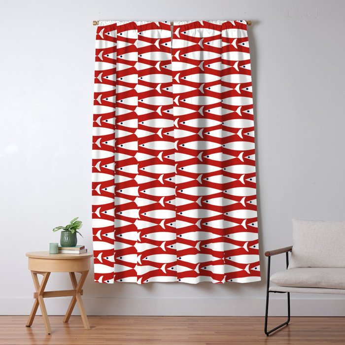 Mid Century Modern Fish Pattern in Red, White, and Nautical Navy Blue Window Curtain Gallery Image 5