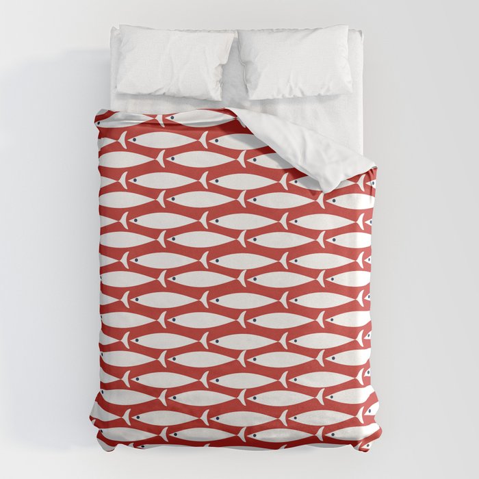 Mid Century Modern Fish Pattern in Red, White, and Nautical Navy Blue Duvet Cover Gallery Image 6