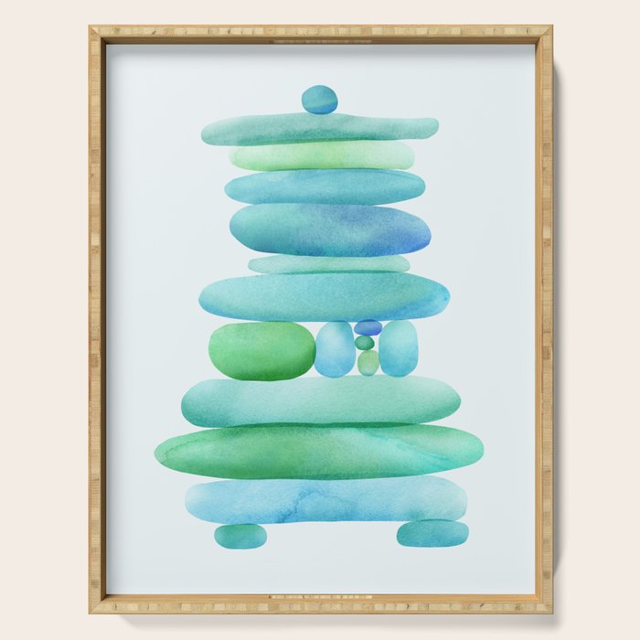 Sea Glass Cairn Watercolor - Teal and Blue Serving Tray Gallery Image 1