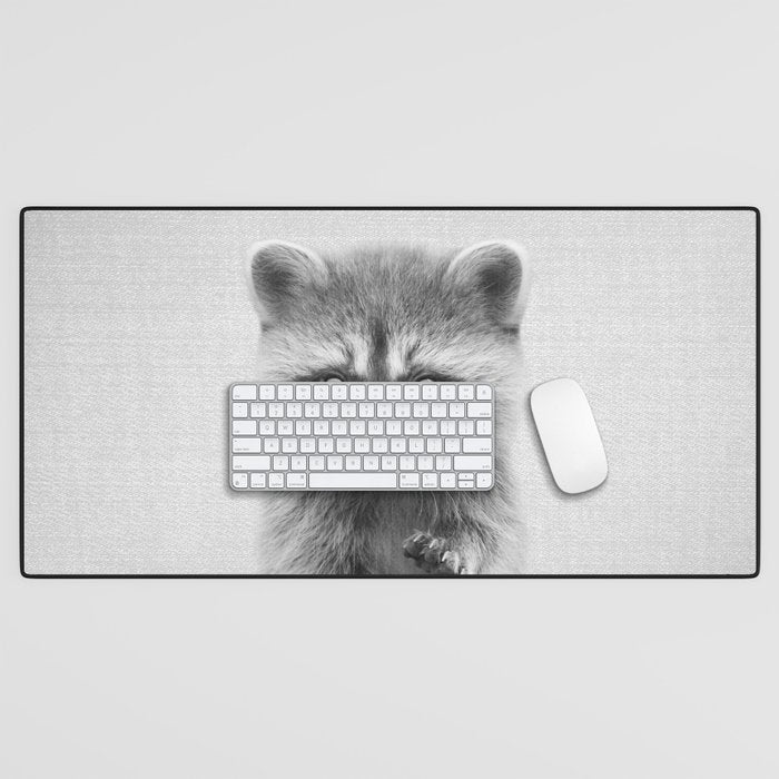 Raccoon - Black & White Desk Mat Gallery Image 1