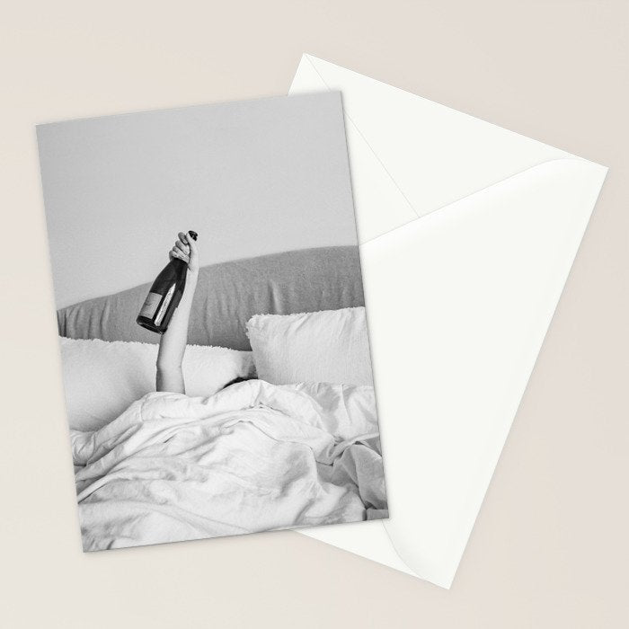 Champagne In Bed - Black And White Photography - Girl With Alcohol Bottle In Hand Photograph - Photo Stationery Card Gallery Image 2