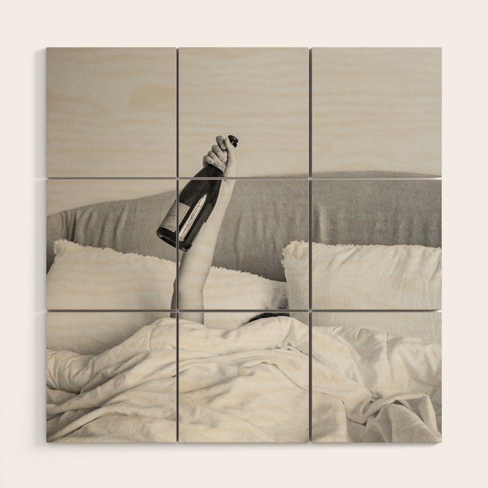 Champagne In Bed - Black And White Photography - Girl With Alcohol Bottle In Hand Photograph - Photo Wood Wall Art Gallery Image 1
