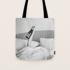 Champagne In Bed - Black And White Photography - Girl With Alcohol Bottle In Hand Photograph - Photo Tote Bag Gallery Image 1