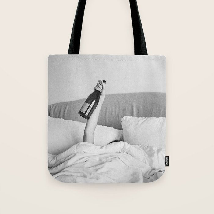 Champagne In Bed - Black And White Photography - Girl With Alcohol Bottle In Hand Photograph - Photo Tote Bag Gallery Image 1