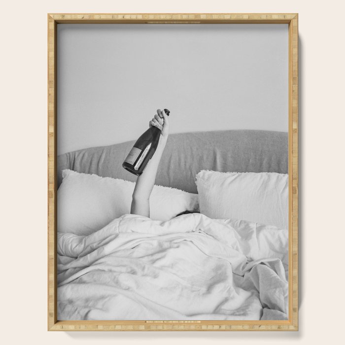 Champagne In Bed - Black And White Photography - Girl With Alcohol Bottle In Hand Photograph - Photo Serving Tray Gallery Image 1