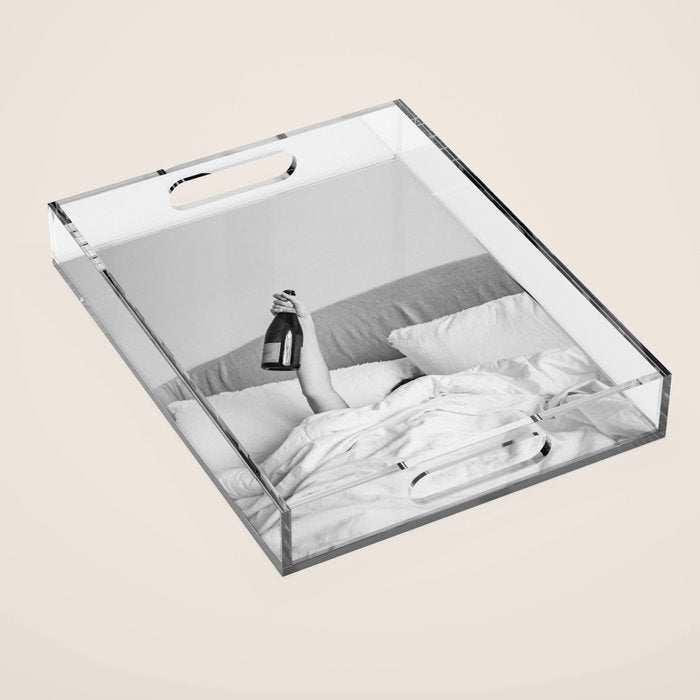 Champagne In Bed - Black And White Photography - Girl With Alcohol Bottle In Hand Photograph - Photo Acrylic Tray Gallery Image 1
