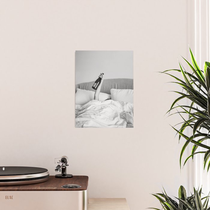 Champagne In Bed - Black And White Photography - Girl With Alcohol Bottle In Hand Photograph - Photo Poster Gallery Image 2