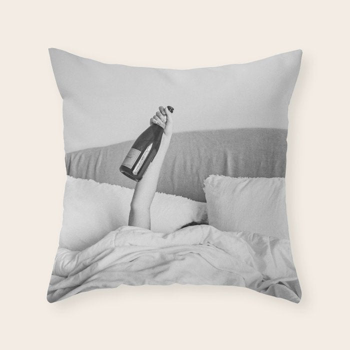Champagne In Bed - Black And White Photography - Girl With Alcohol Bottle In Hand Photograph - Photo Throw Pillow Gallery Image 6