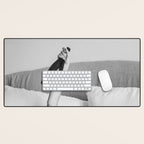 Champagne In Bed - Black And White Photography - Girl With Alcohol Bottle In Hand Photograph - Photo Desk Mat Gallery Image 1