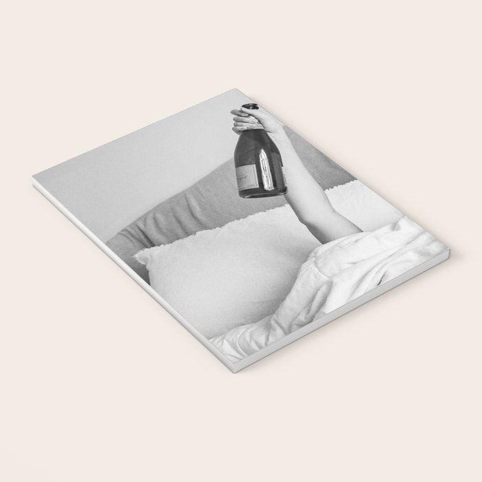 Champagne In Bed - Black And White Photography - Girl With Alcohol Bottle In Hand Photograph - Photo Notebook Gallery Image 3