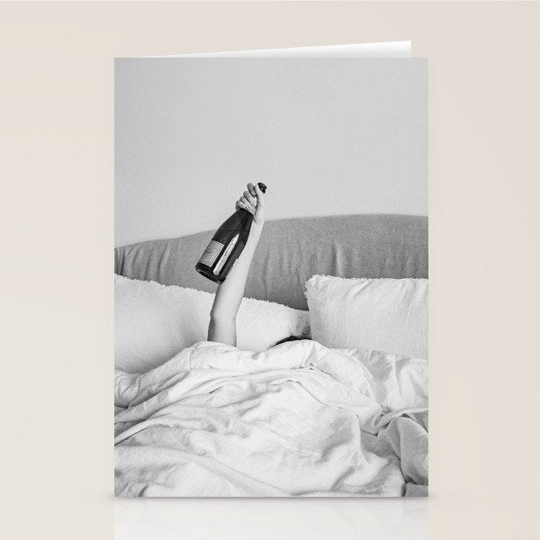 Champagne In Bed - Black And White Photography - Girl With Alcohol Bottle In Hand Photograph - Photo Stationery Card Gallery Image 1