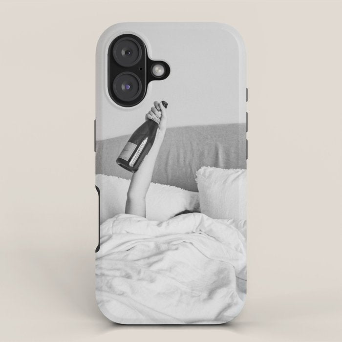 Champagne In Bed - Black And White Photography - Girl With Alcohol Bottle In Hand Photograph - Photo iPhone Case Gallery Image 1
